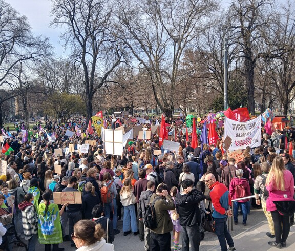 Demonstranten und Demonstrantinnen versammeln sich beim Feministischen Kampftag 2026 mit Transparenten vor dem Linzer Musiktheater. 